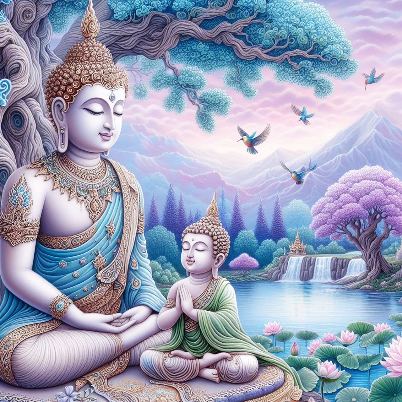 Buddha, buddhism, budhist, Spiritual, Monasteries, Temples, Lotus Flowers, fantasy, wallpapers, prays,meditates, meditation, Buddha children, lakes, forest, mountains, trees