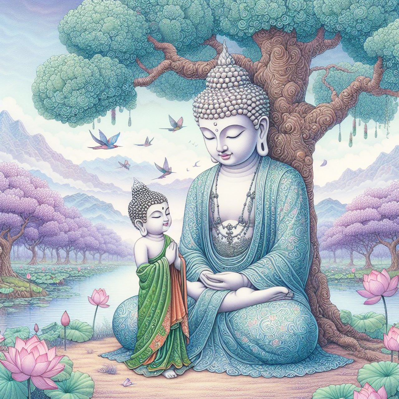 Buddha with delicate cream & orange woven with silver & gold stitching detail, stands with a small child buddha wearing orange robes & gold headpiece. They are beside a lake with lotus flowers & a backdrop of mountains, trees & a springs.