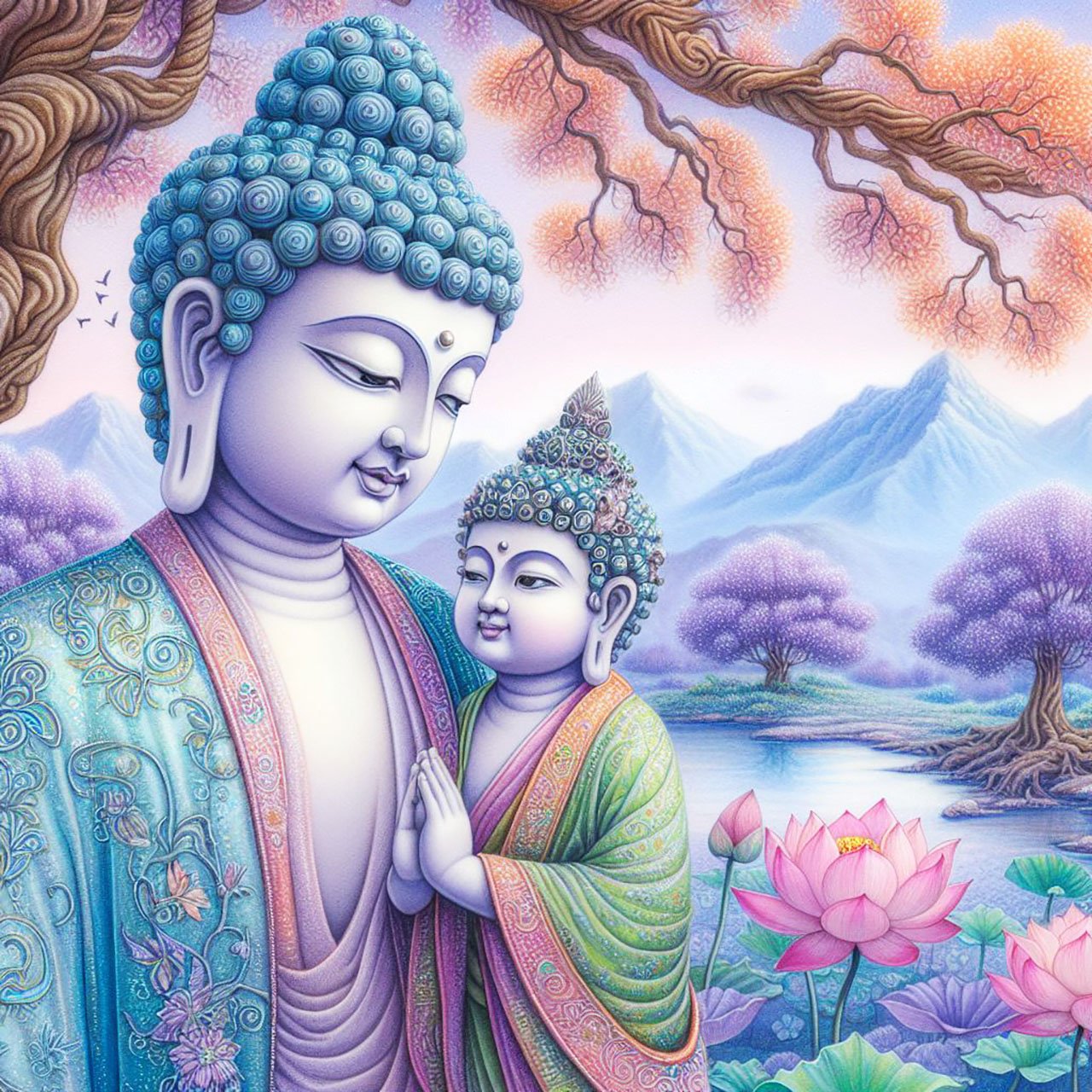 Buddha with delicate cream & orange woven with silver & gold stitching detail, stands with a small child buddha wearing orange robes & gold headpiece. They are beside a lake with lotus flowers & a backdrop of mountains, trees & a springs.