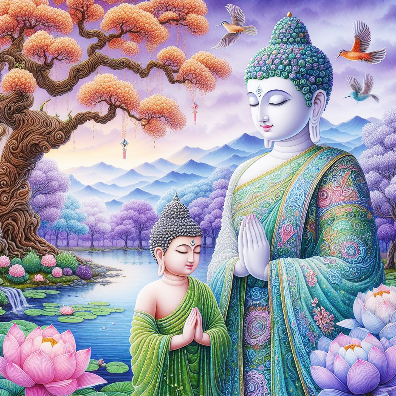 Buddha, buddhism, budhist, Spiritual, Monasteries, Temples, Lotus Flowers, fantasy, wallpapers, prays,meditates, meditation, Buddha children, lakes, forest, mountains, trees
