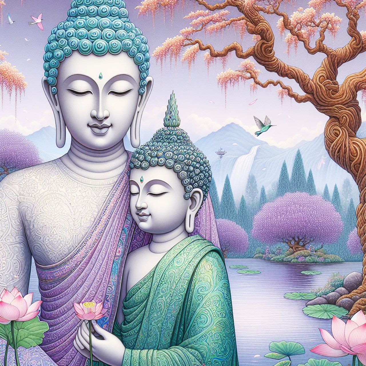 Buddha, buddhism, budhist, Spiritual, Monasteries, Temples, Lotus Flowers, fantasy, wallpapers, prays,meditates, meditation, Buddha children, lakes, forest, mountains, trees
