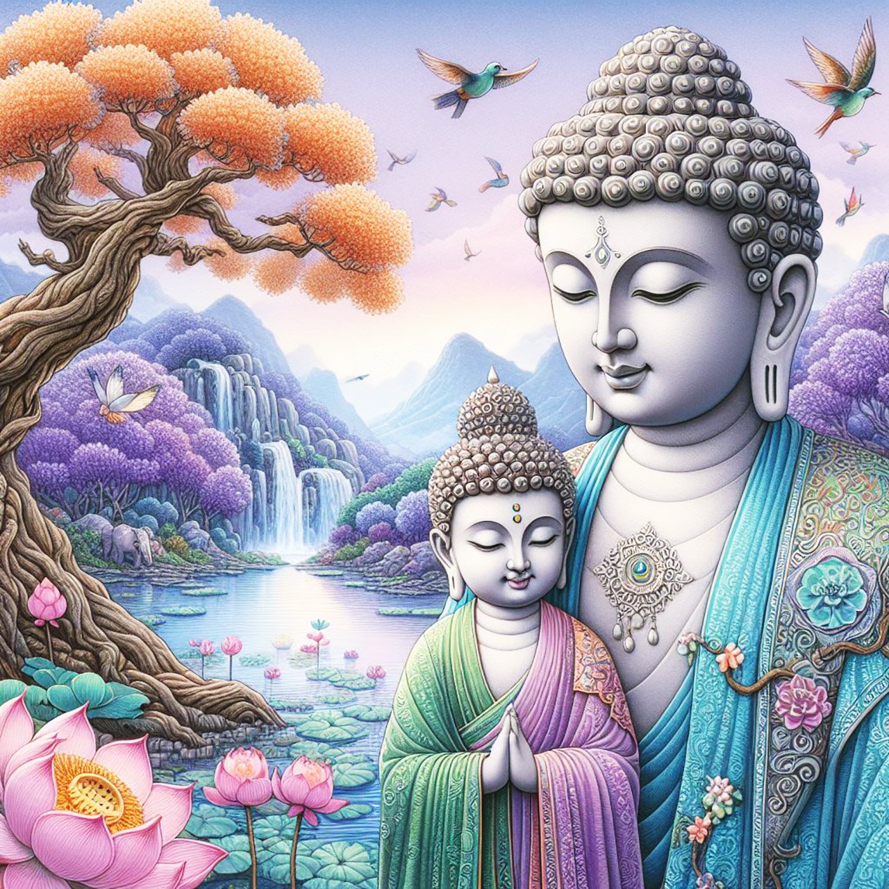 Buddha, buddhism, budhist, Spiritual, Monasteries, Temples, Lotus Flowers, fantasy, wallpapers, prays,meditates, meditation, Buddha children, lakes, forest, mountains, trees