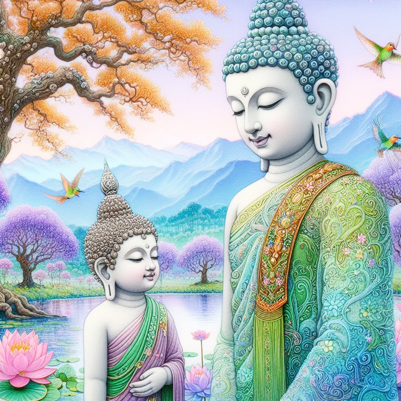 Buddha, buddhism, budhist, Spiritual, Monasteries, Temples, Lotus Flowers, fantasy, wallpapers, prays,meditates, meditation, Buddha children, lakes, forest, mountains, trees