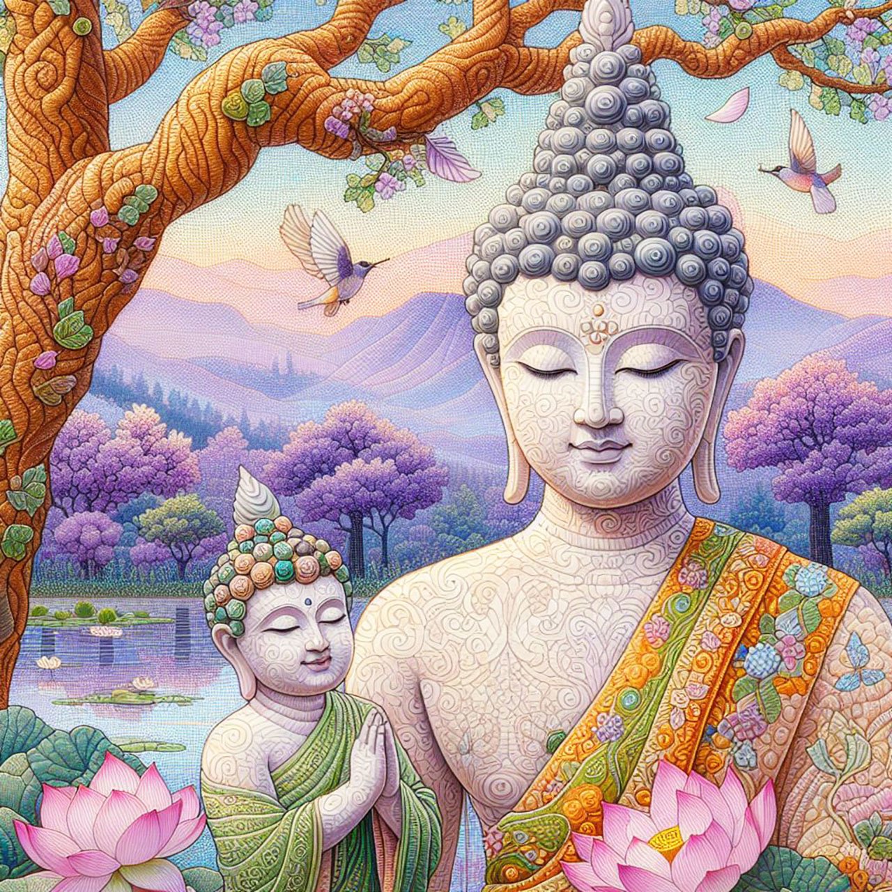 Buddha with delicate pink stitched detail robes with a small child buddha with green robes & blue headpiece beside a big curly pink oak tree. There is a lake with lotus flowers & a backdrop of mountains, trees & a waterfall. There are humming birds. Blue