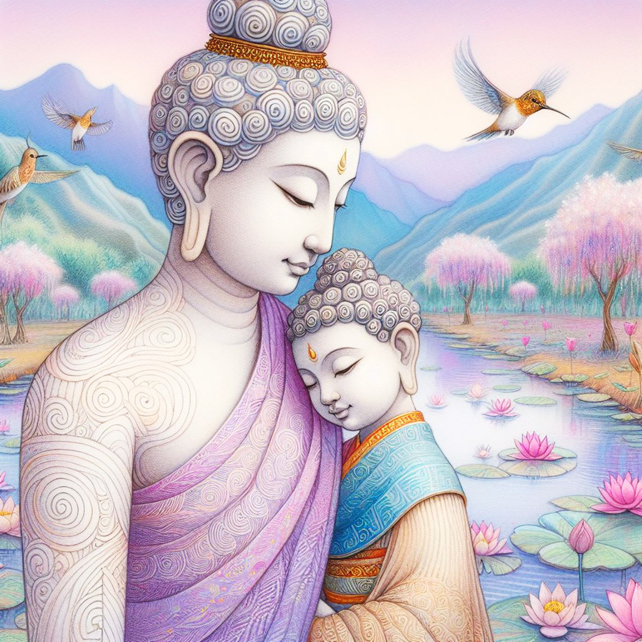 Buddha, buddhism, budhist, Spiritual, Monasteries, Temples, Lotus Flowers, fantasy, wallpapers, prays,meditates, meditation, Buddha children, lakes, forest, mountains, trees