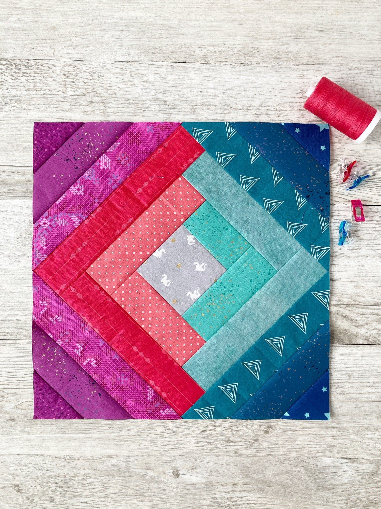 The Twisted Log Cabin is a best-selling quilt block pattern by Penny Spool Quilts