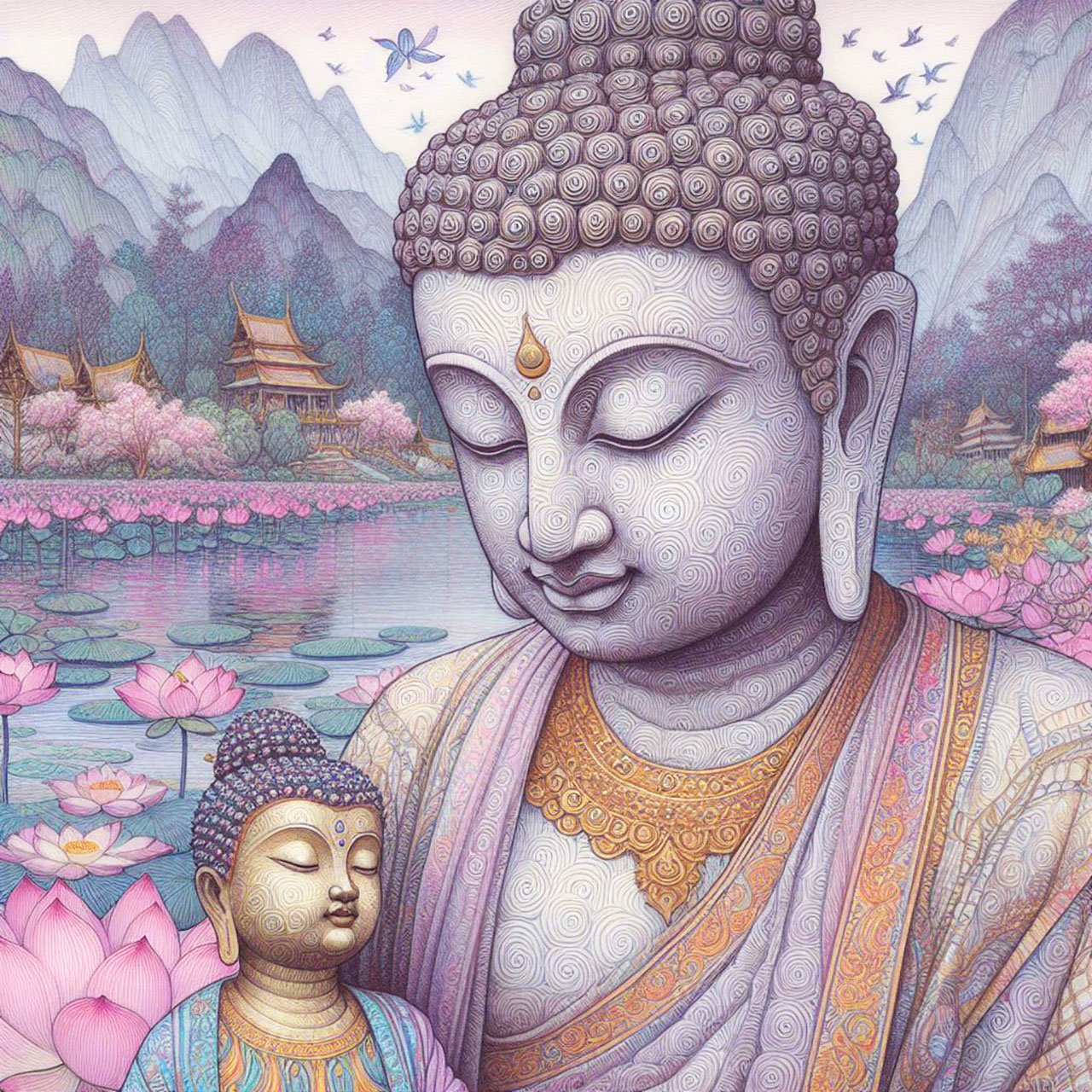 Buddha, buddhism, budhist, Spiritual, Monasteries, Temples, Lotus Flowers, fantasy, wallpapers, prays,meditates, meditation, Buddha children, lakes, forest, mountains, trees