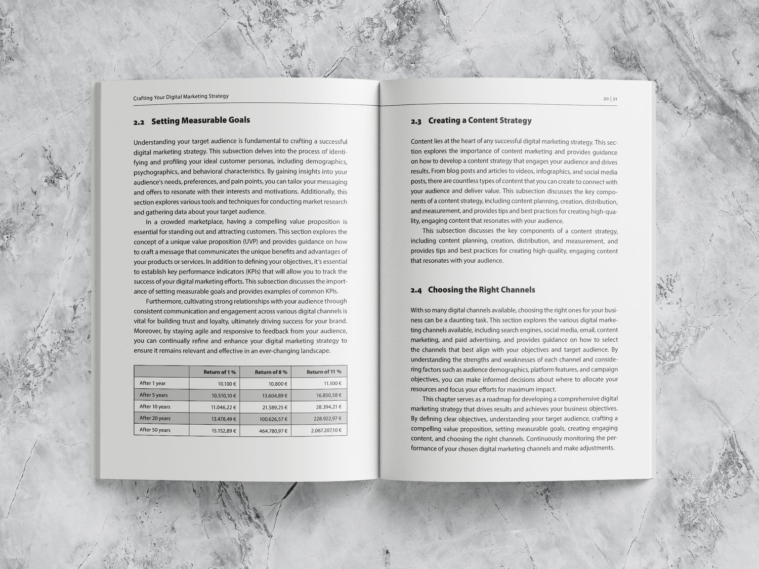 Book mockup – spread with subheadings, a formatted table and some copy text