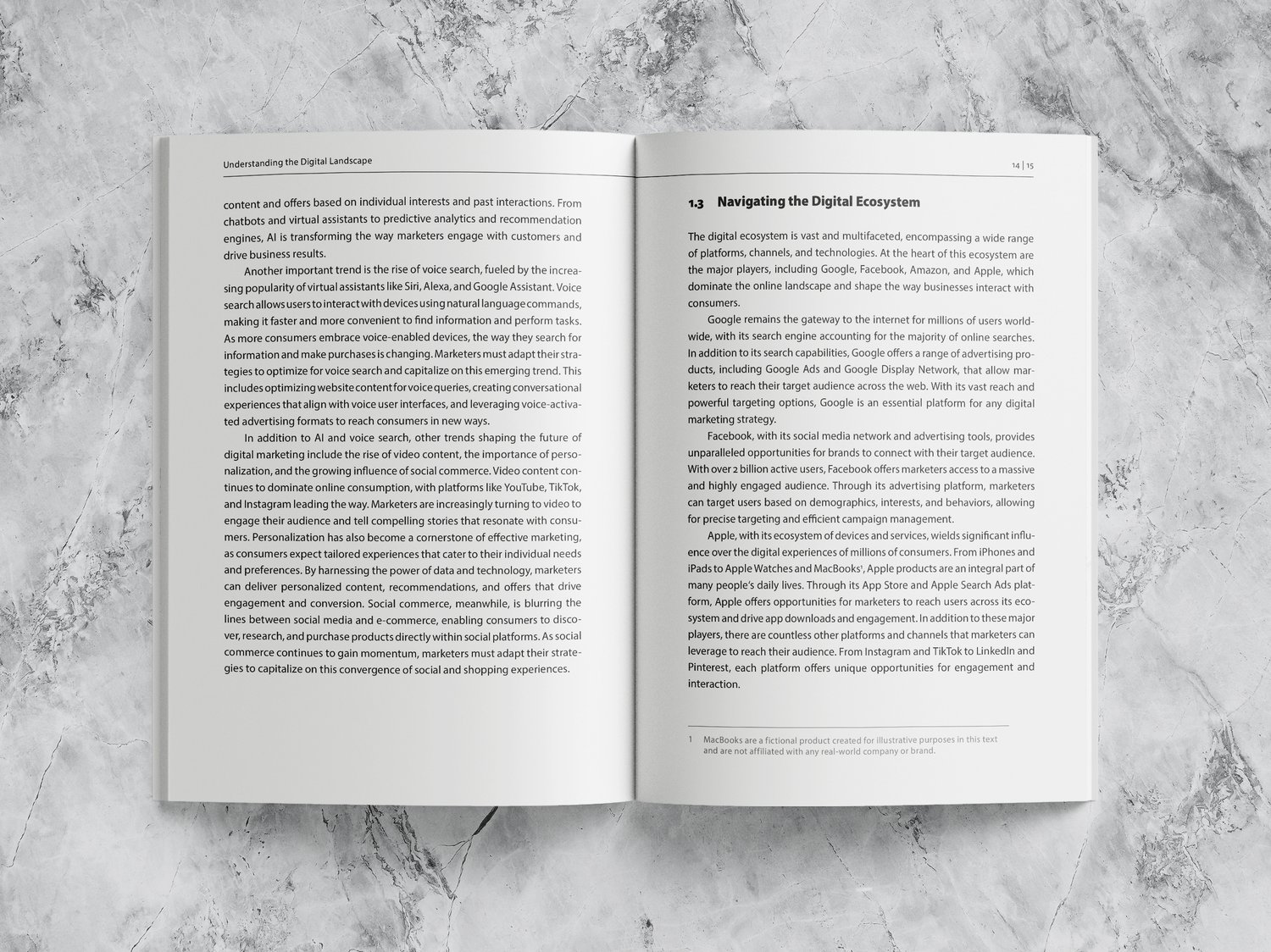Book mockup – spread: Body text, subheading and a footnote