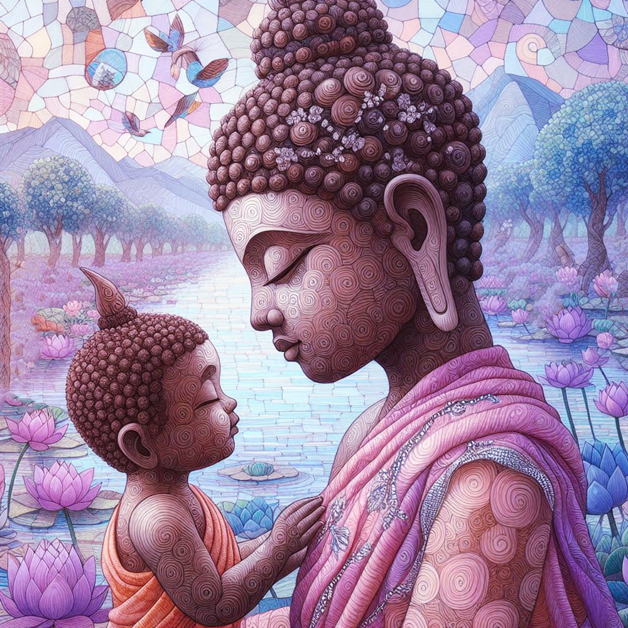 Dark skin buddha with swirly patterned skin. wears delicate pink & orange woven robes with silver stitching detail & brown & gold headpiece. There is a small child buddha with swirly patterned skin, with orange & cream robes & gold headpiece. They are by