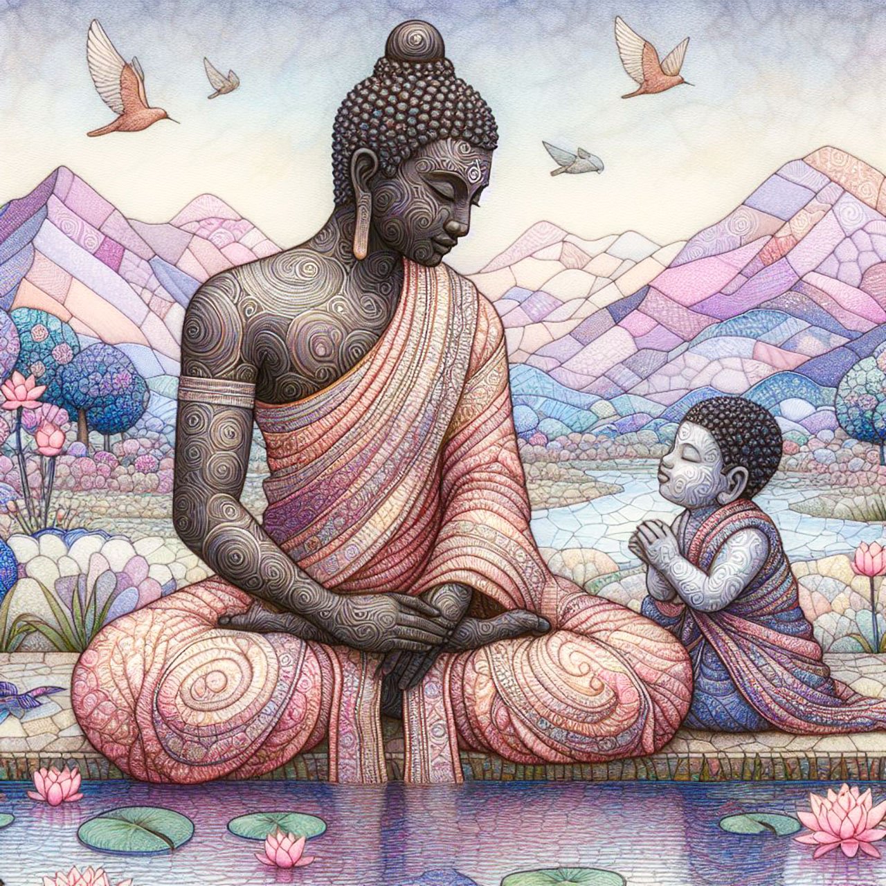 Buddha, buddhism, budhist, Spiritual, Monasteries, Temples, Lotus Flowers, fantasy, wallpapers, prays,meditates, meditation, Buddha children, lakes, forest, mountains, trees
