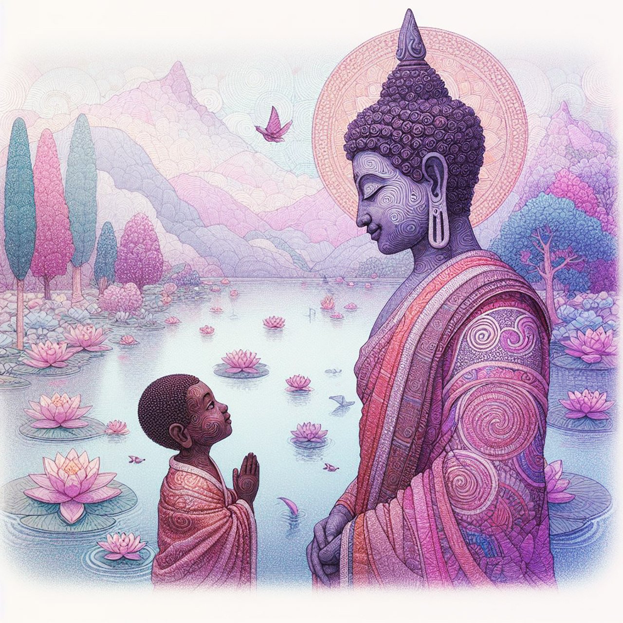 Buddha, buddhism, budhist, Spiritual, Monasteries, Temples, Lotus Flowers, fantasy, wallpapers, prays,meditates, meditation, Buddha children, lakes, forest, mountains, trees