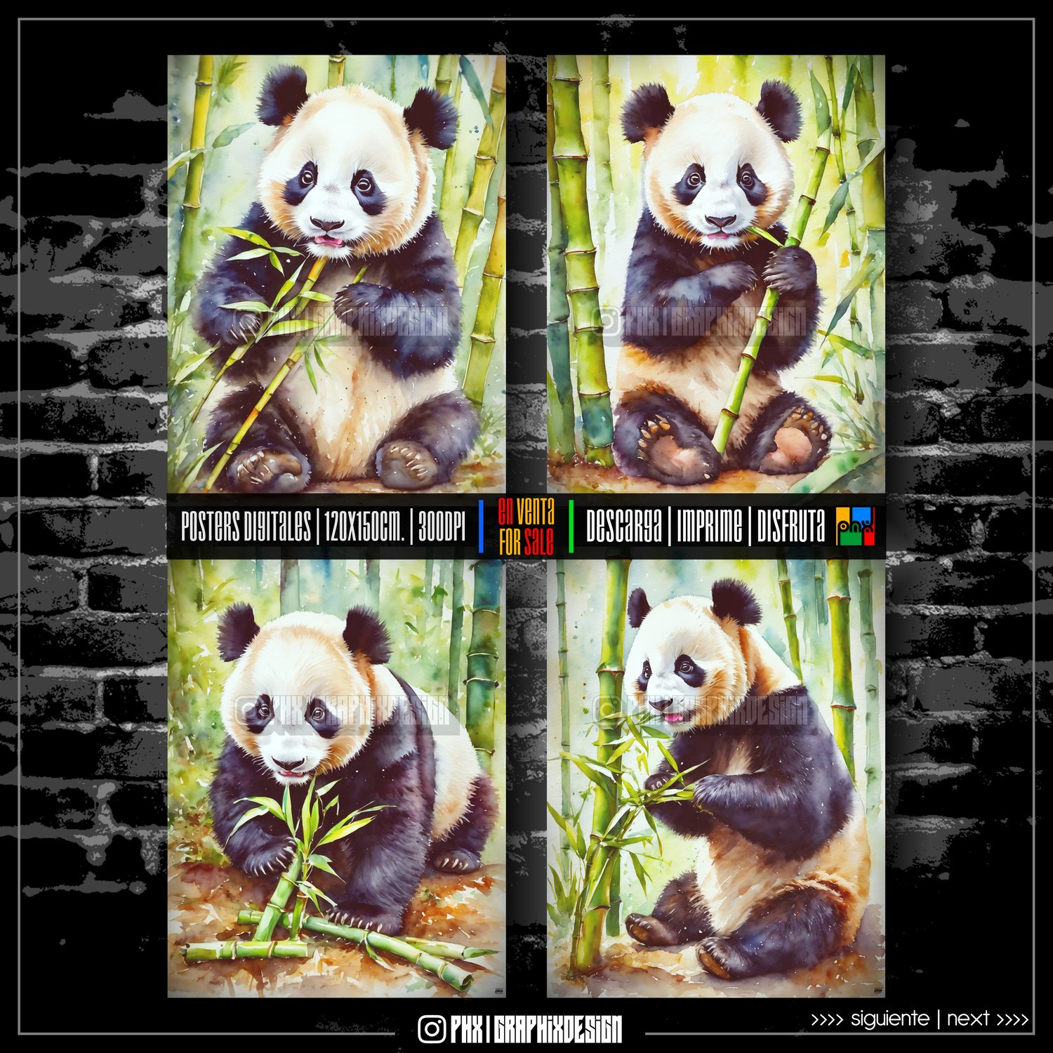 (Oso Panda comiendo Bamboo en Acuarela): Los Osos Pandas tienen un apetito insaciable por el Bambú debido a una antigua Misión Divina de proteger los Bosques. Esta dieta especial les proporciona la Energía necesaria para cumplir su deber como Guardianes d