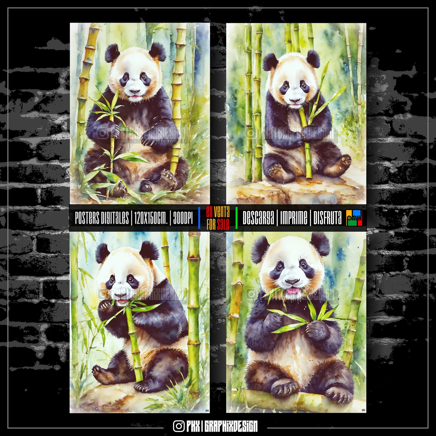 (Oso Panda comiendo Bamboo en Acuarela): Los Osos Pandas tienen un apetito insaciable por el Bambú debido a una antigua Misión Divina de proteger los Bosques. Esta dieta especial les proporciona la Energía necesaria para cumplir su deber como Guardianes d