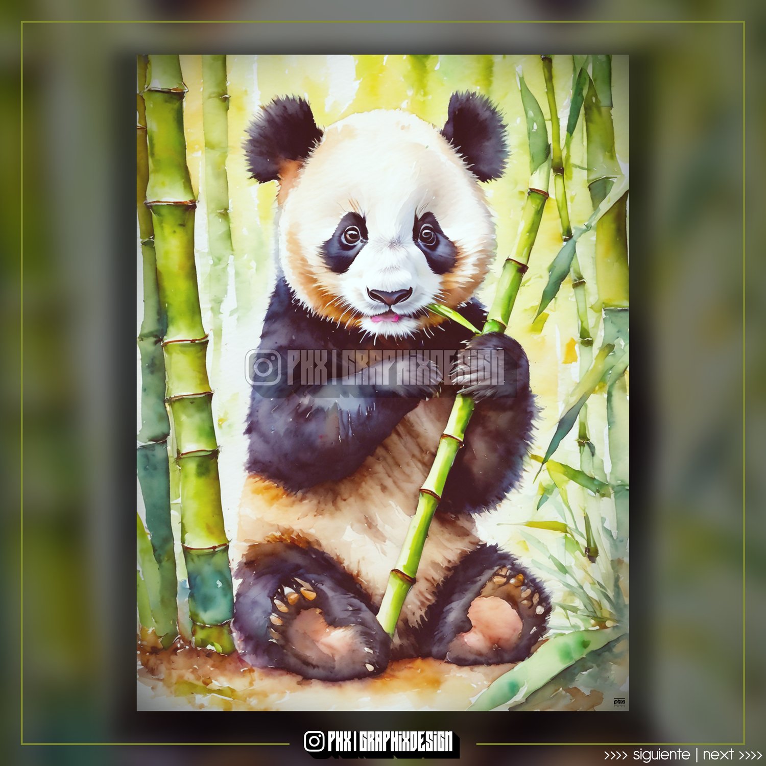 (Oso Panda comiendo Bamboo en Acuarela): Los Osos Pandas tienen un apetito insaciable por el Bambú debido a una antigua Misión Divina de proteger los Bosques. Esta dieta especial les proporciona la Energía necesaria para cumplir su deber como Guardianes d