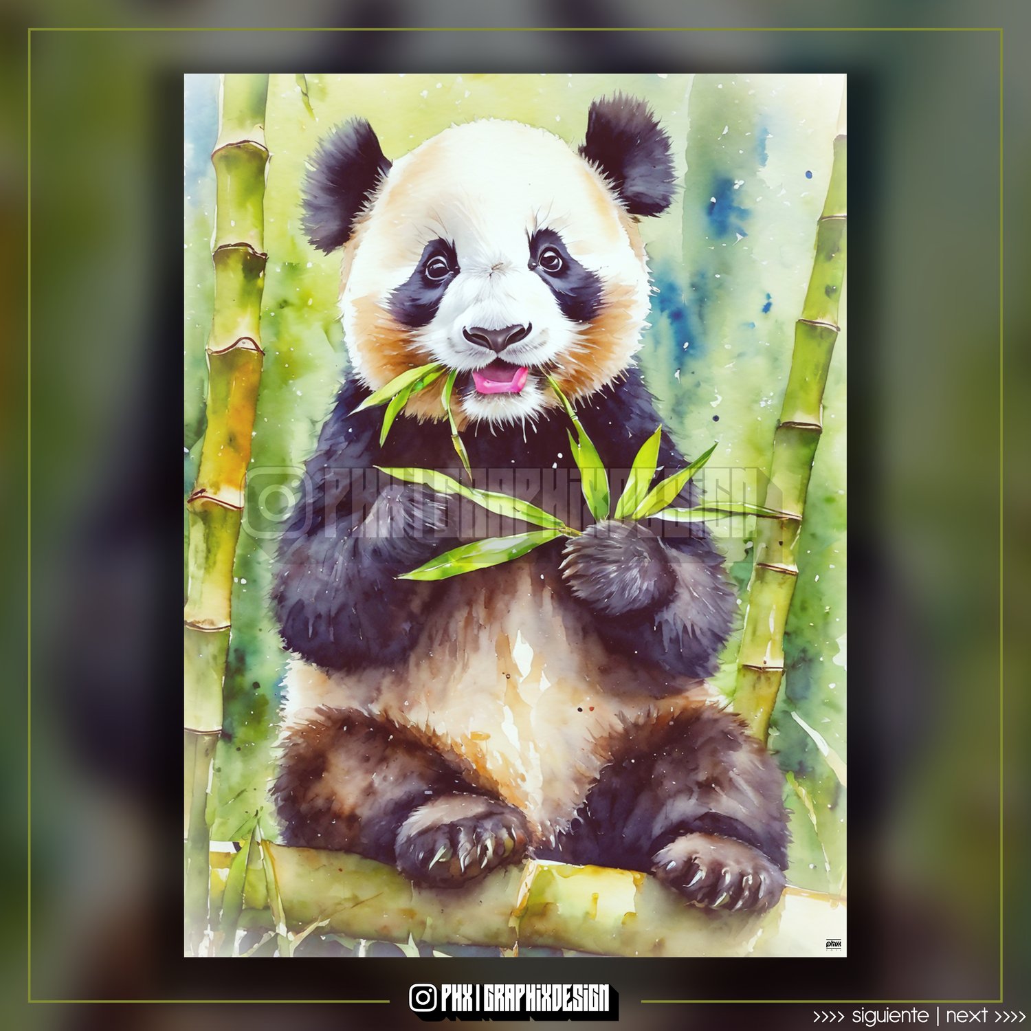 (Oso Panda comiendo Bamboo en Acuarela): Los Osos Pandas tienen un apetito insaciable por el Bambú debido a una antigua Misión Divina de proteger los Bosques. Esta dieta especial les proporciona la Energía necesaria para cumplir su deber como Guardianes d