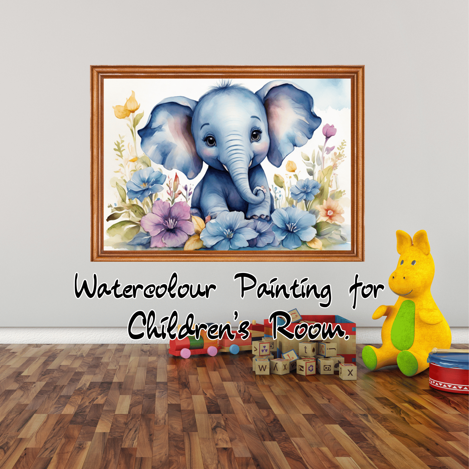 adorable watercolor painting features a small elephant surrounded by vibrant flowers.