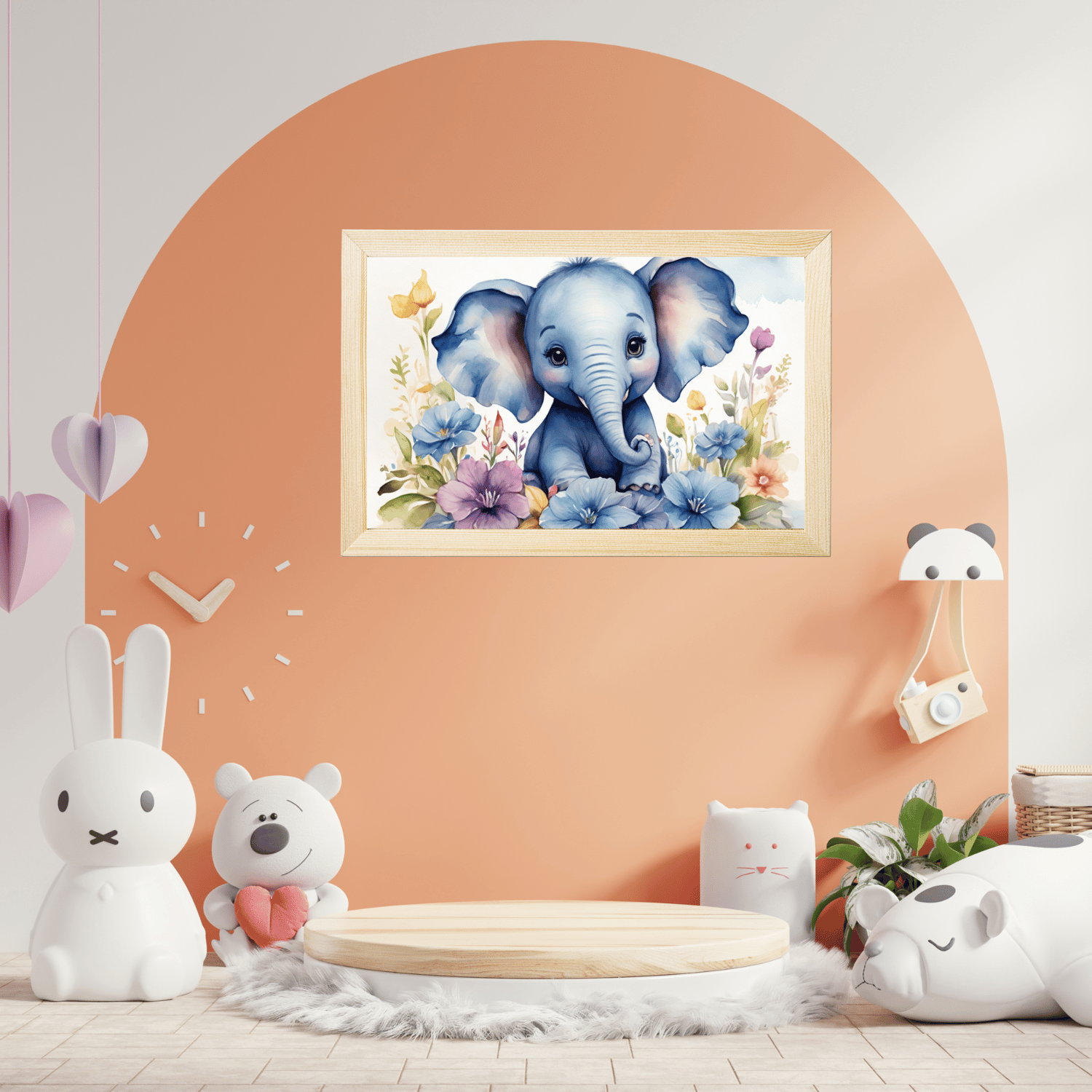 adorable watercolor painting features a small elephant surrounded by vibrant flowers.