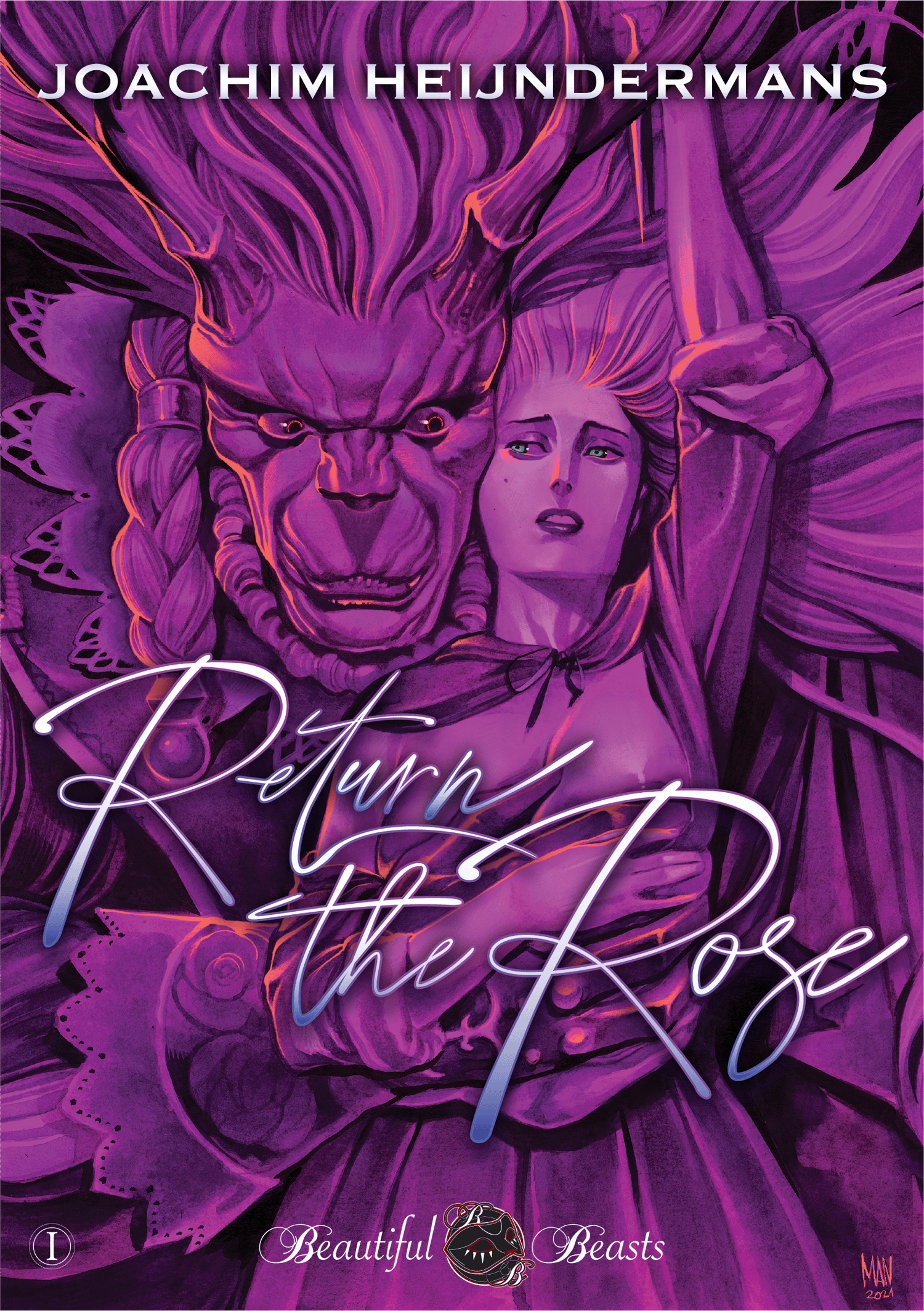 Cover to Return the Rose, by author Joachim Heijndermans. The beauty is held by the beast, who clutches onto her chest while she grabs hold of his antlers. The colors are a monochromatic purple, except for their eyes, which are red and green.