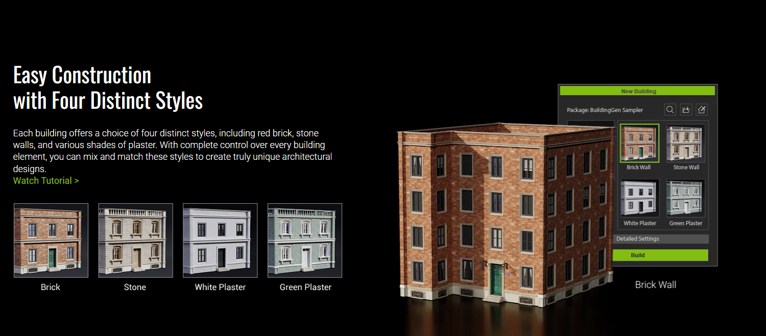 210 samples and components, including 10 pre-designed buildings and 200 3D components and materials