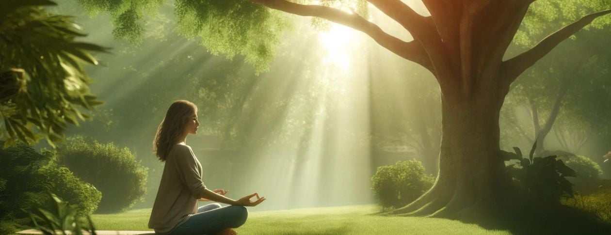 Discover the calming power of mindful breathing with this serene image of a woman practicing meditation in a tranquil outdoor setting. Perfectly illustrating our 8-week trauma recovery program, this peaceful scene emphasizes the importance of integrating 