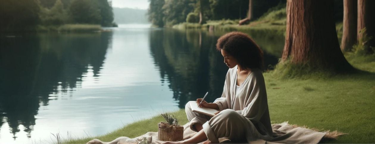 Explore this calming image of a woman of color journaling beside a serene lake, capturing a moment of personal reflection and emotional healing. Featured as part of our 8-week trauma recovery program, this peaceful scene emphasizes the power of journaling