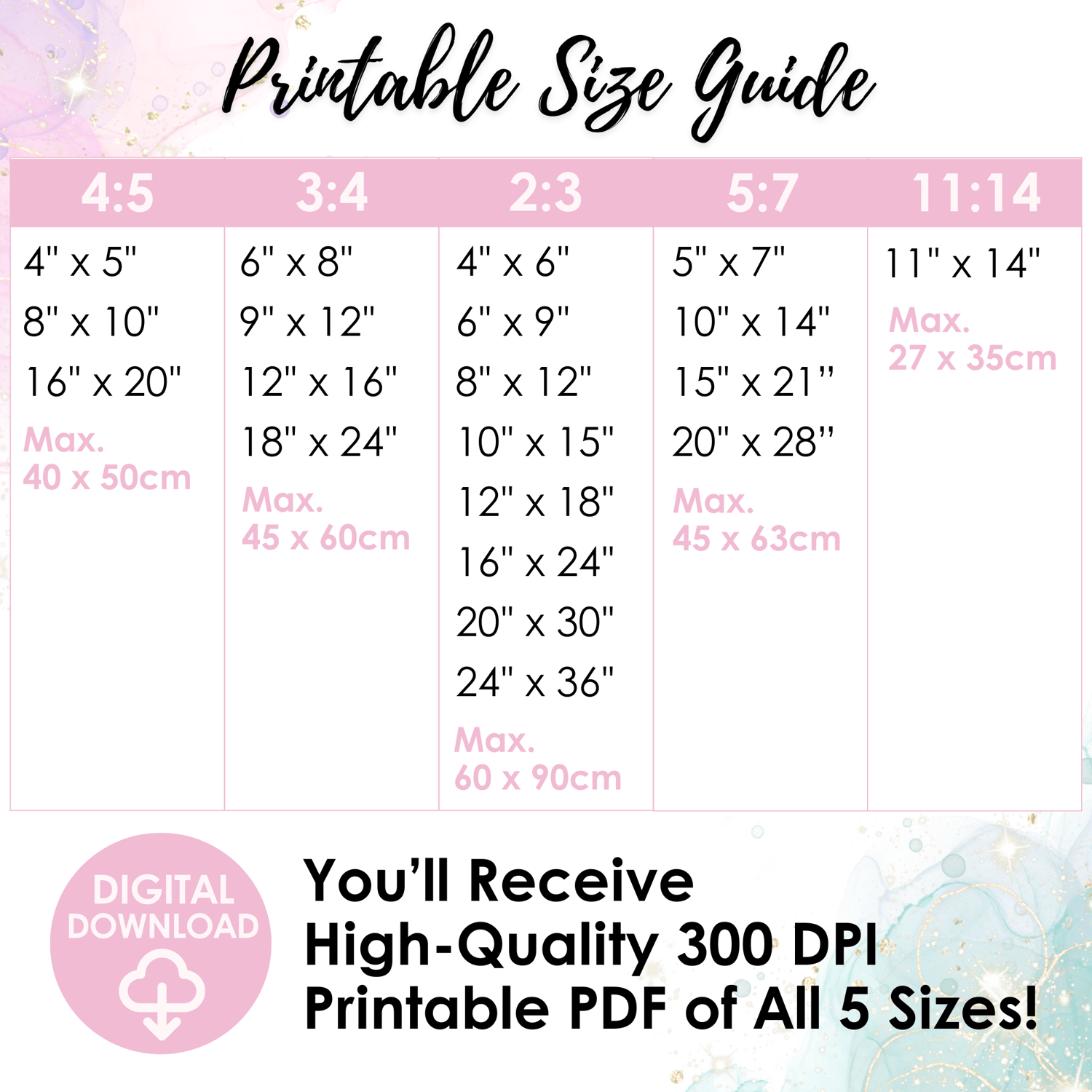 printable size guide for a wall art print