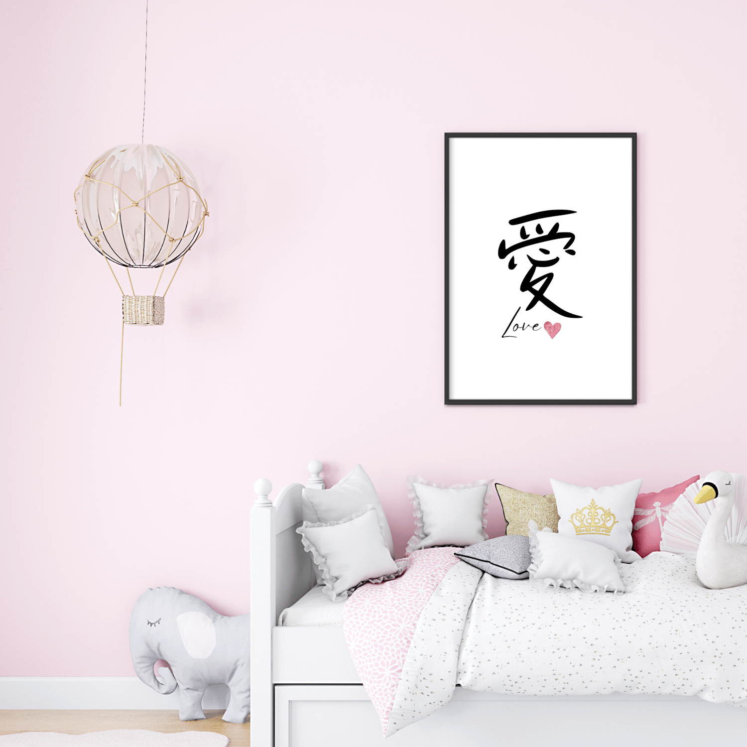japanese love kanji displayed in a pink kids room