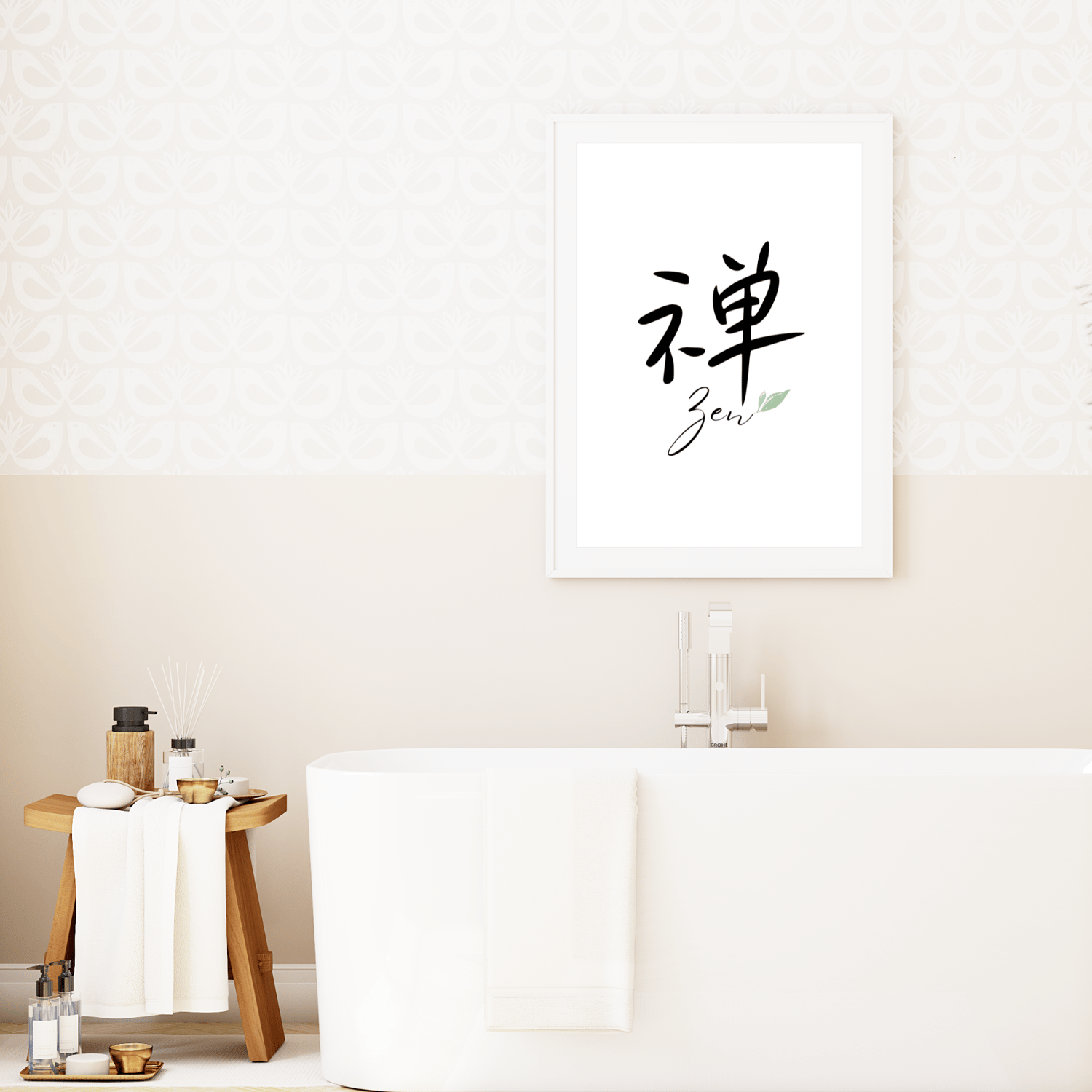 zen wall art displayed in a bathroom