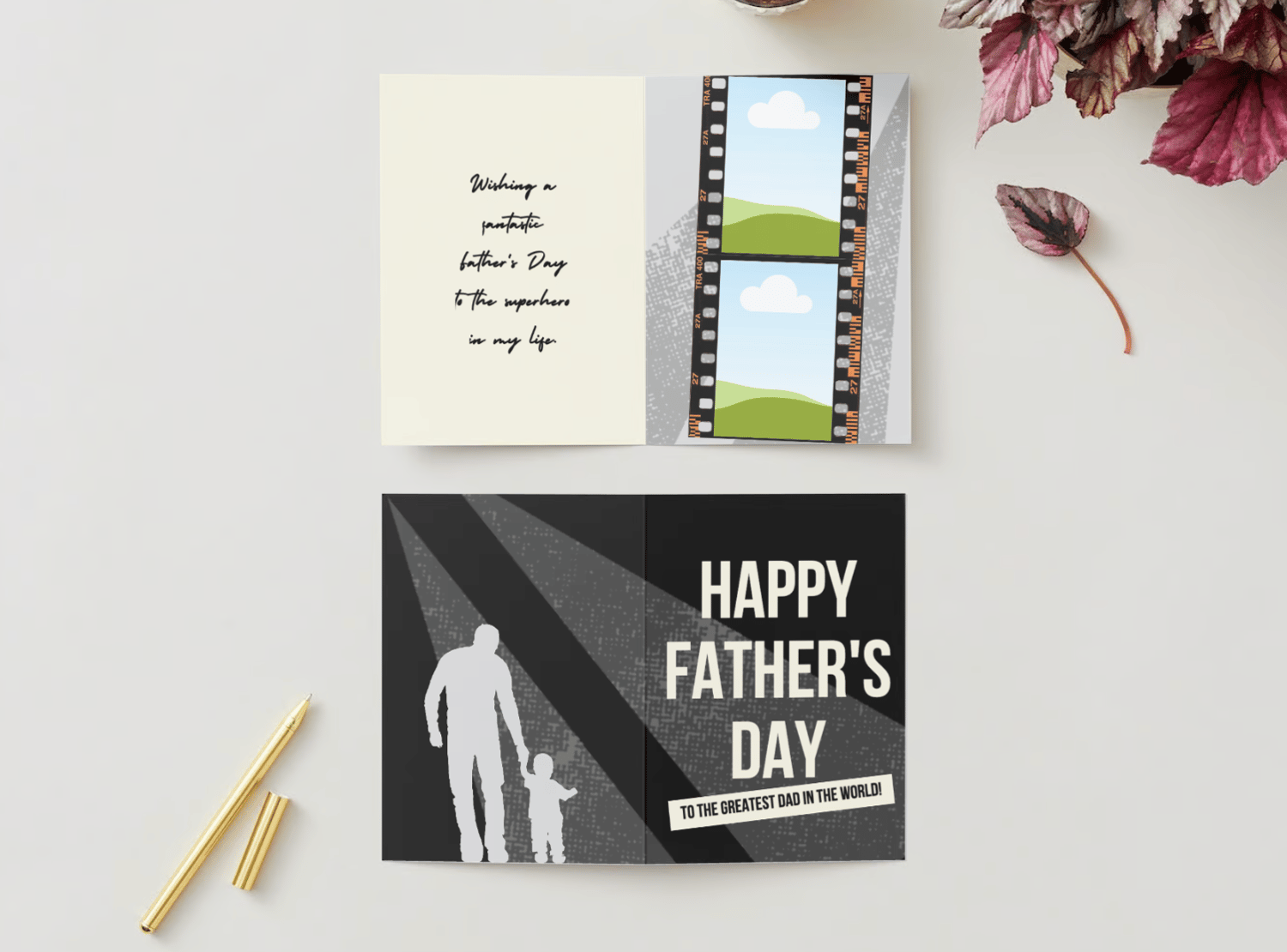 Customizable Father's Day Card Template - 'The Greatest Dad' and Photo Frames, mock image, outside and inside