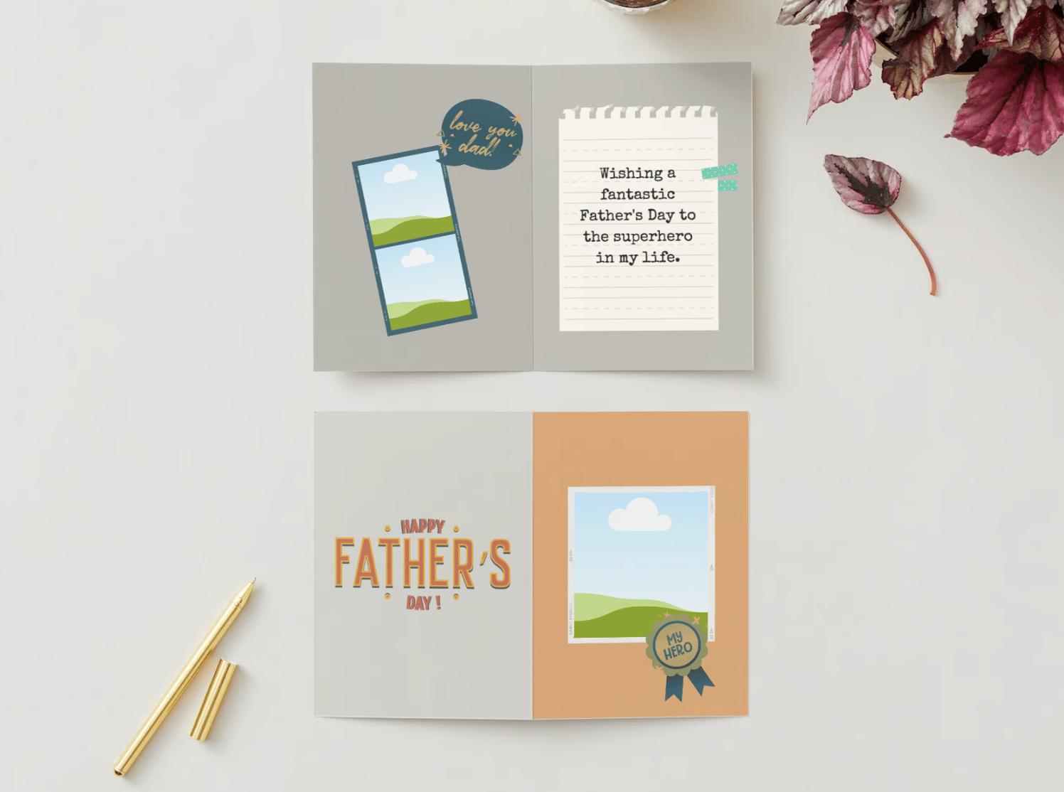 Customizable Father's Day Card Template - 'My Hero' badge and Photo Frames, mock image, outside and inside