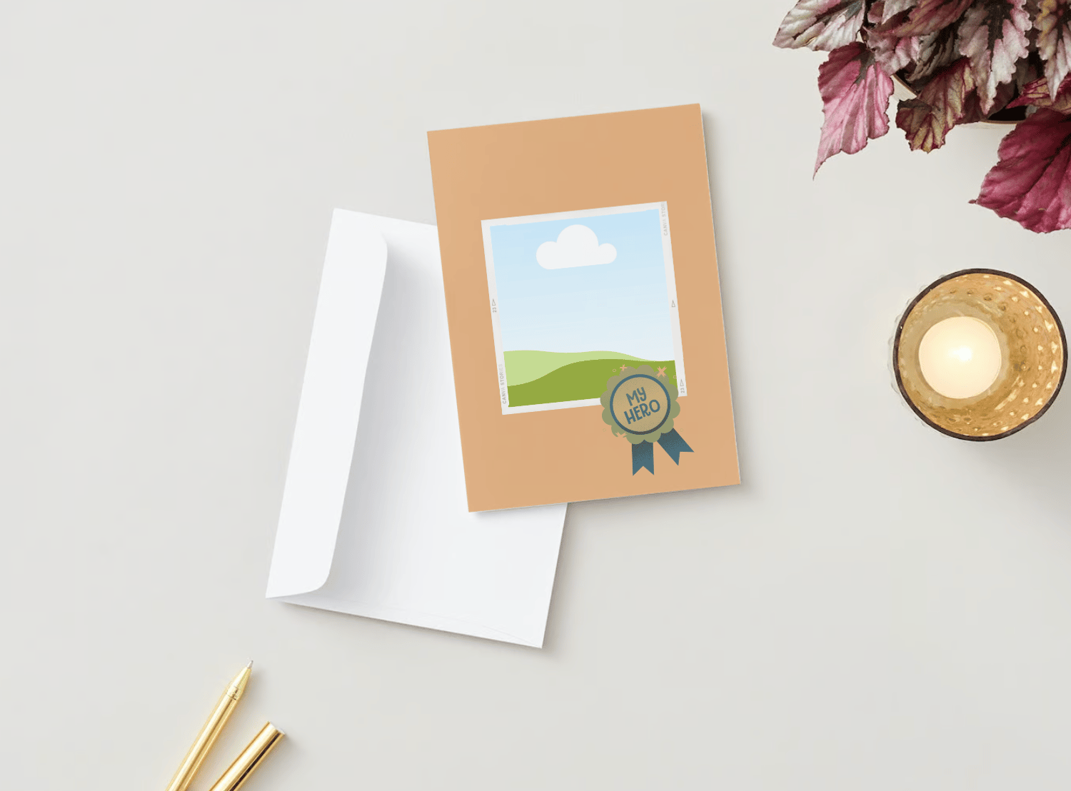 Customizable Father's Day Card Template - 'My Hero' badge and Photo Frames, mock image, outside