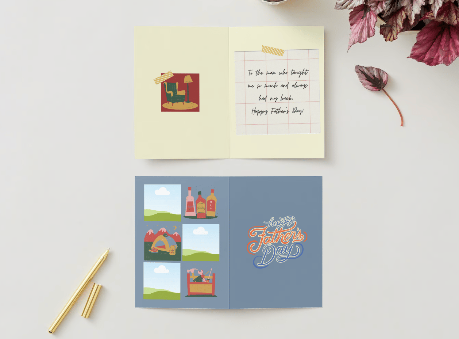 Customizable Father's Day Card Template - 'Happy Father's Day' and Photo Frames, mock image, outside and inside