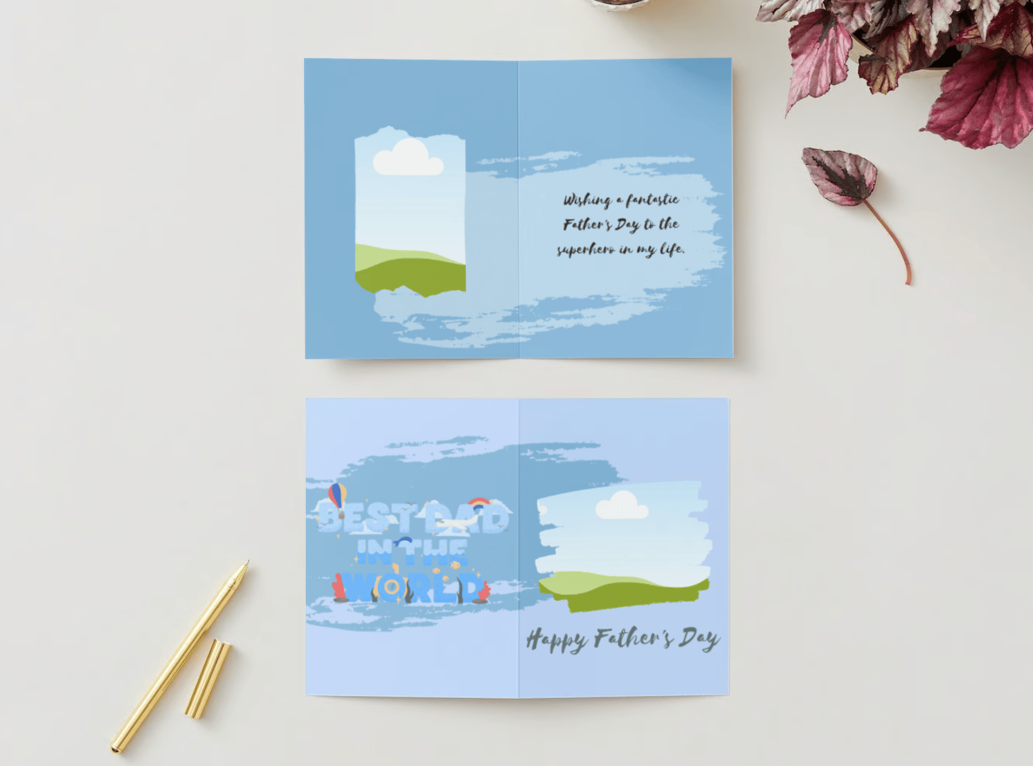 Customizable Father's Day Card Template - 'Best Dad In The World' and Photo Frames, mock image, outside and inside