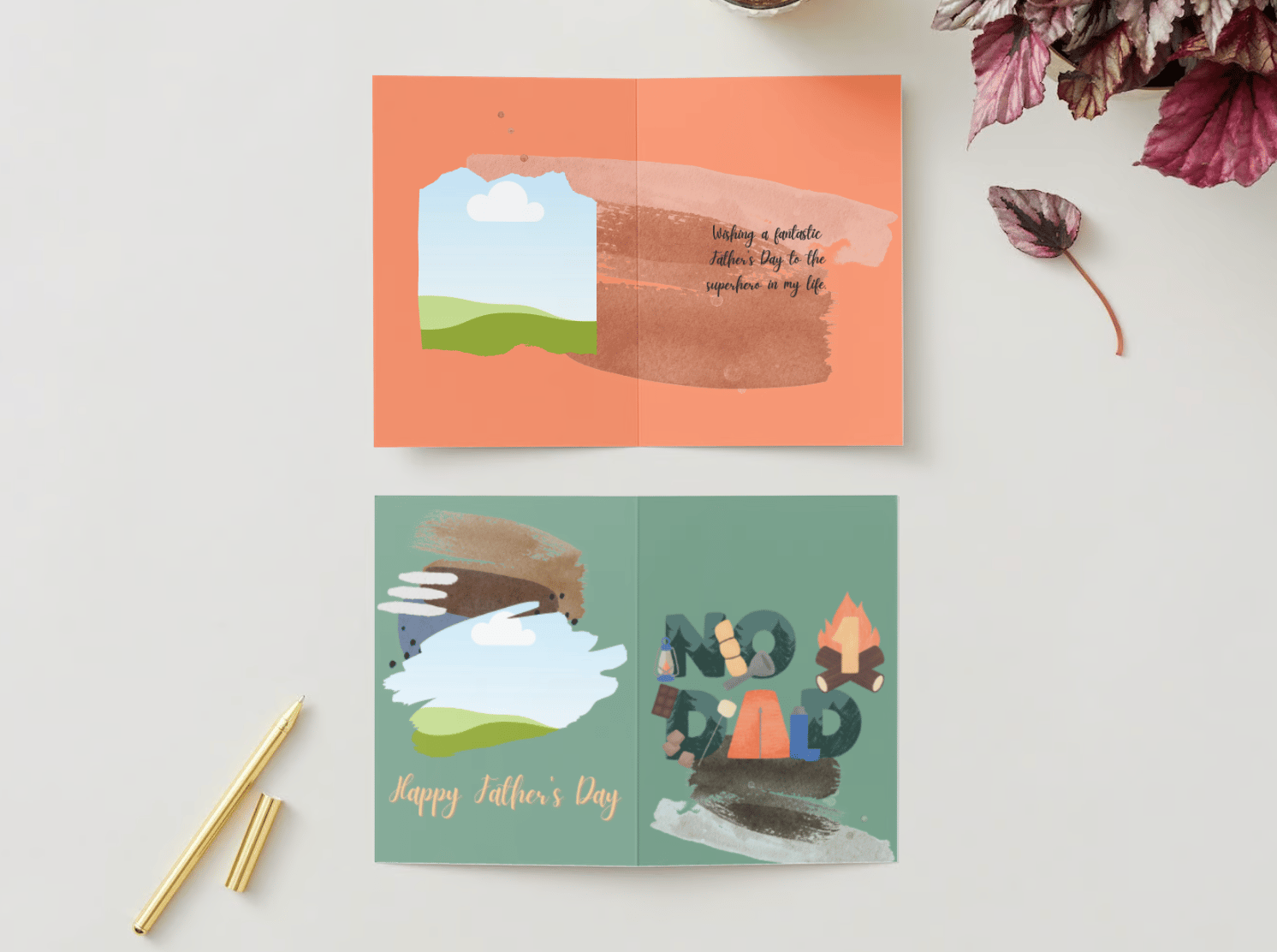 Customizable Fathers Day Card Template - Number One Dad and Photo Frames, mock image, outside and inside