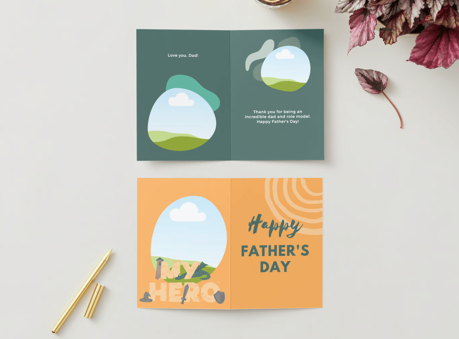 Customizable Father's Day Card Template - 'My Hero' and Photo Frames, outside and inside