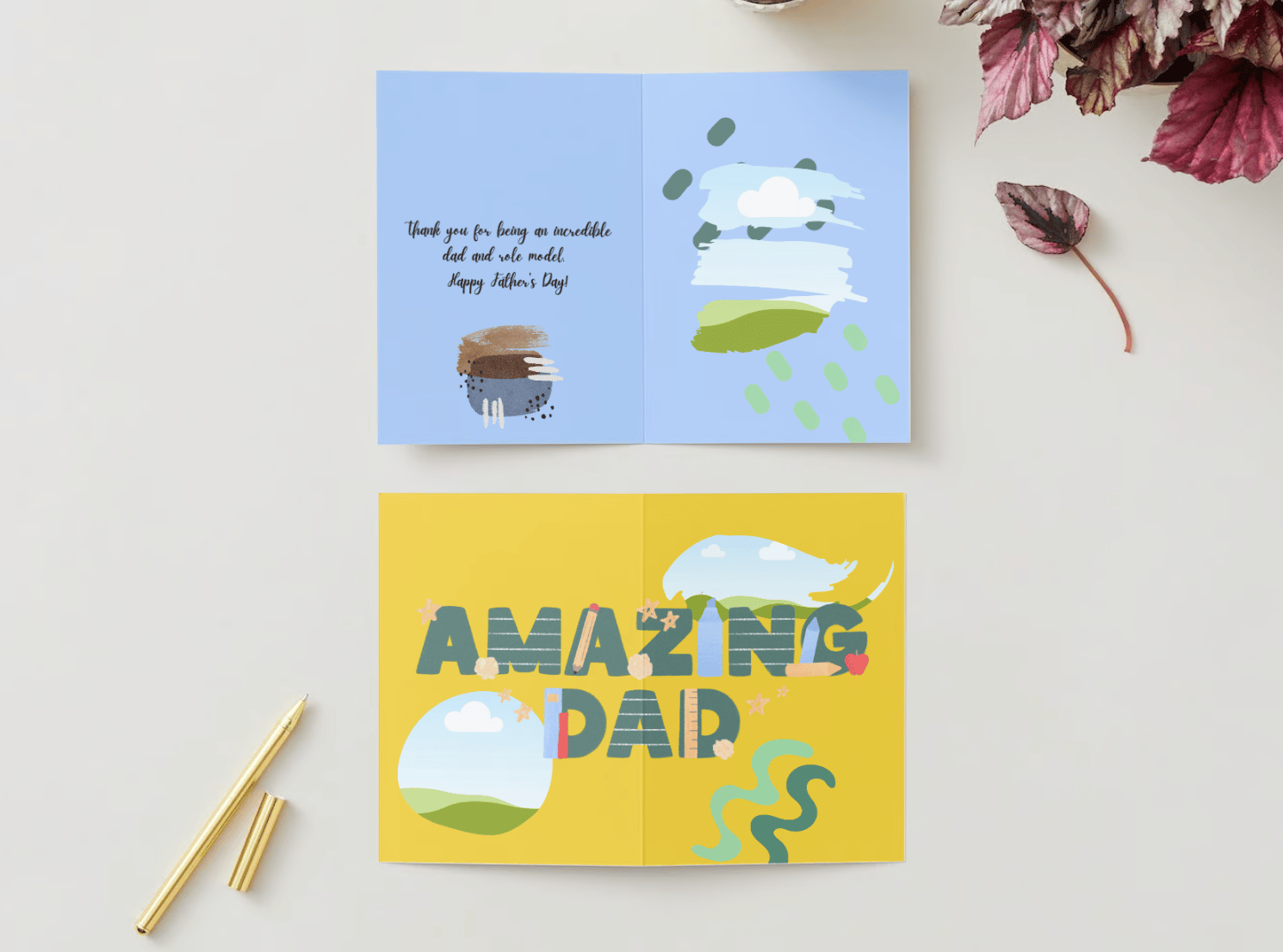 Customizable Father's Day Card Template - 'Amazing Dad' and Photo Frames, mock image, outside and inside