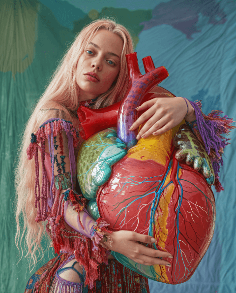 Art print of a woman hugging a giant heart.