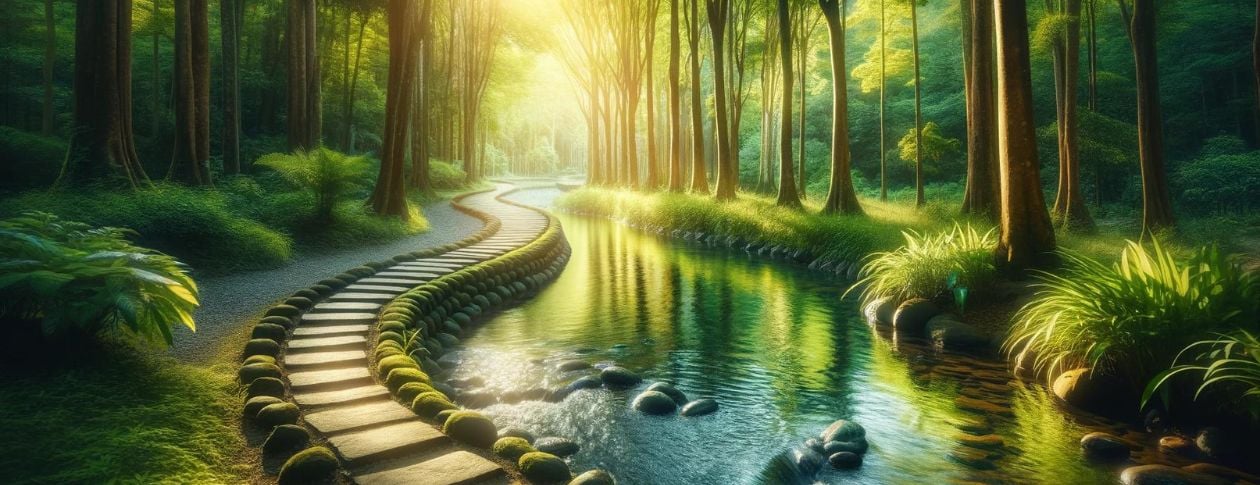 Discover the Path to Healing with Our Trauma Recovery Program—This serene image captures a gentle pathway winding through a lush forest, symbolizing the journey toward recovery and peace. Beside the pathway, a clear stream flows quietly, reflecting the ge