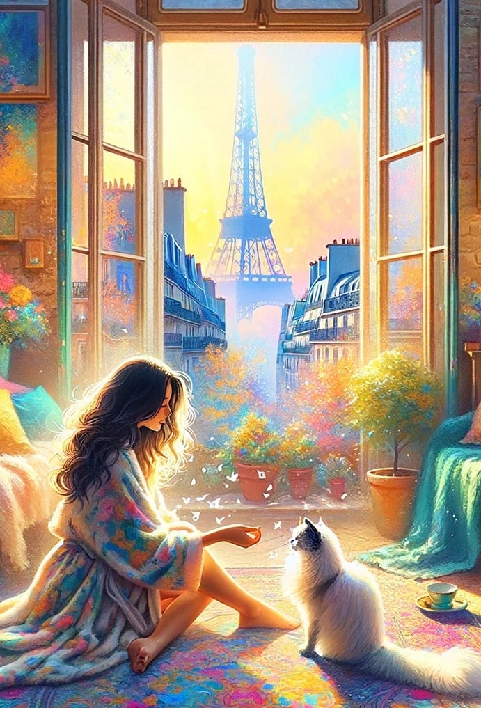 Marie and her cat in the morning in Paris