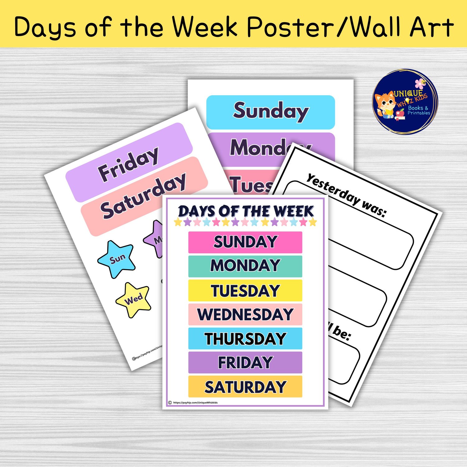 Printable Days of the Week digital download poster for home or school, with vibrant colors.