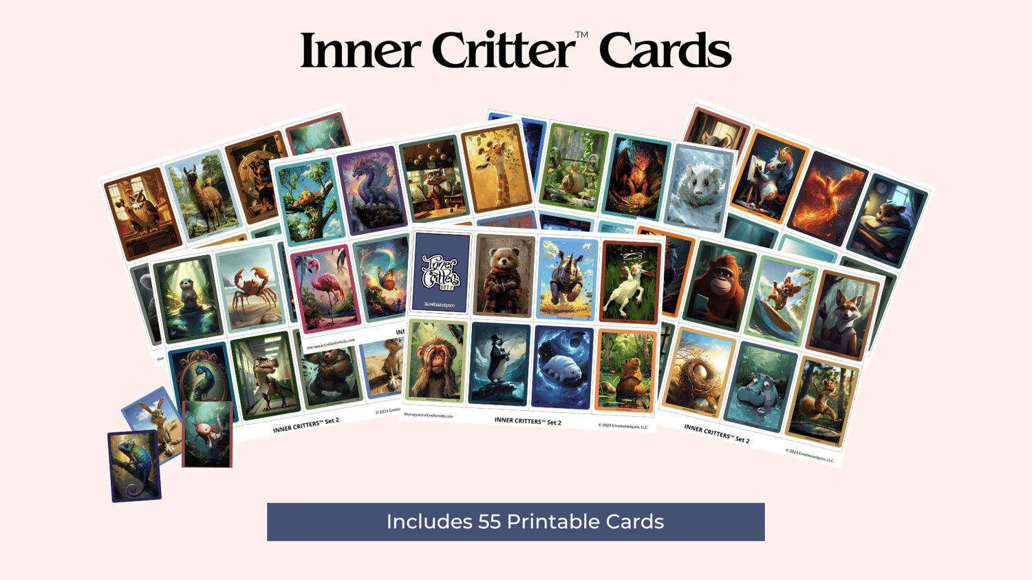 7 pages with 8 Inner Critter Cards on each page- text reads Inner Critter Cards Includes 55 printable cards