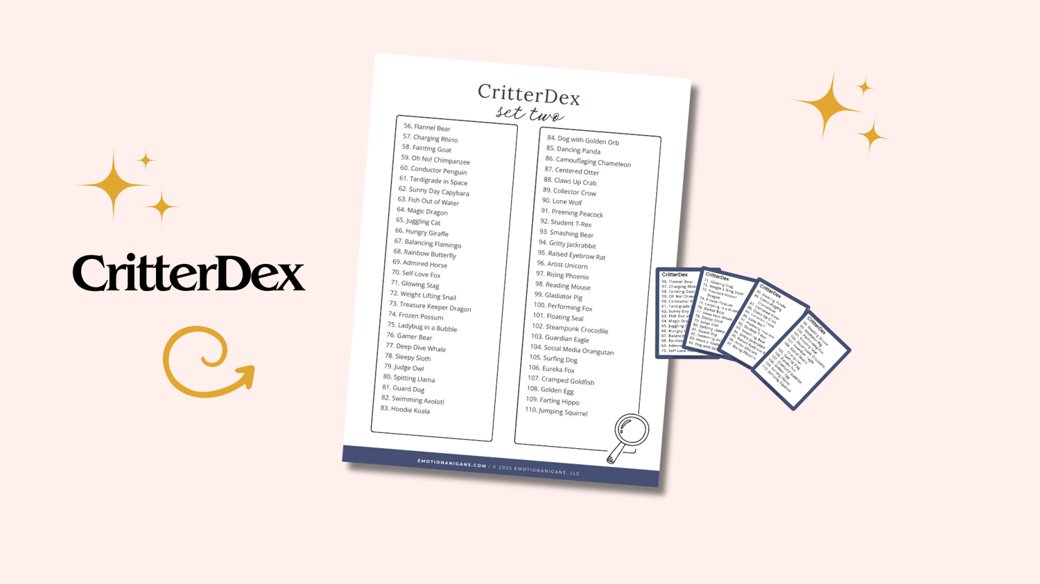 Text reads CritterDex and show a page with all 55 inner critters listed plus 4 cards