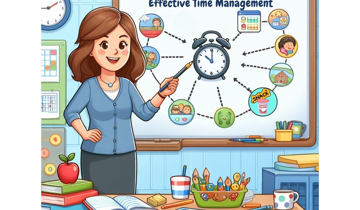 A colorful classroom background setting with a female teacher pointing at a clock depicting the topic 