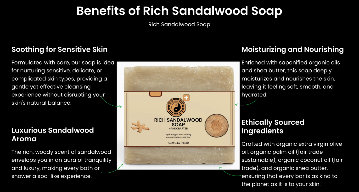 Gugulam, benefits of rich Sandalwood Soap, ideal for nuturing sensitive, delicate or complicated skin types. Ethically sourced, fair trade.
