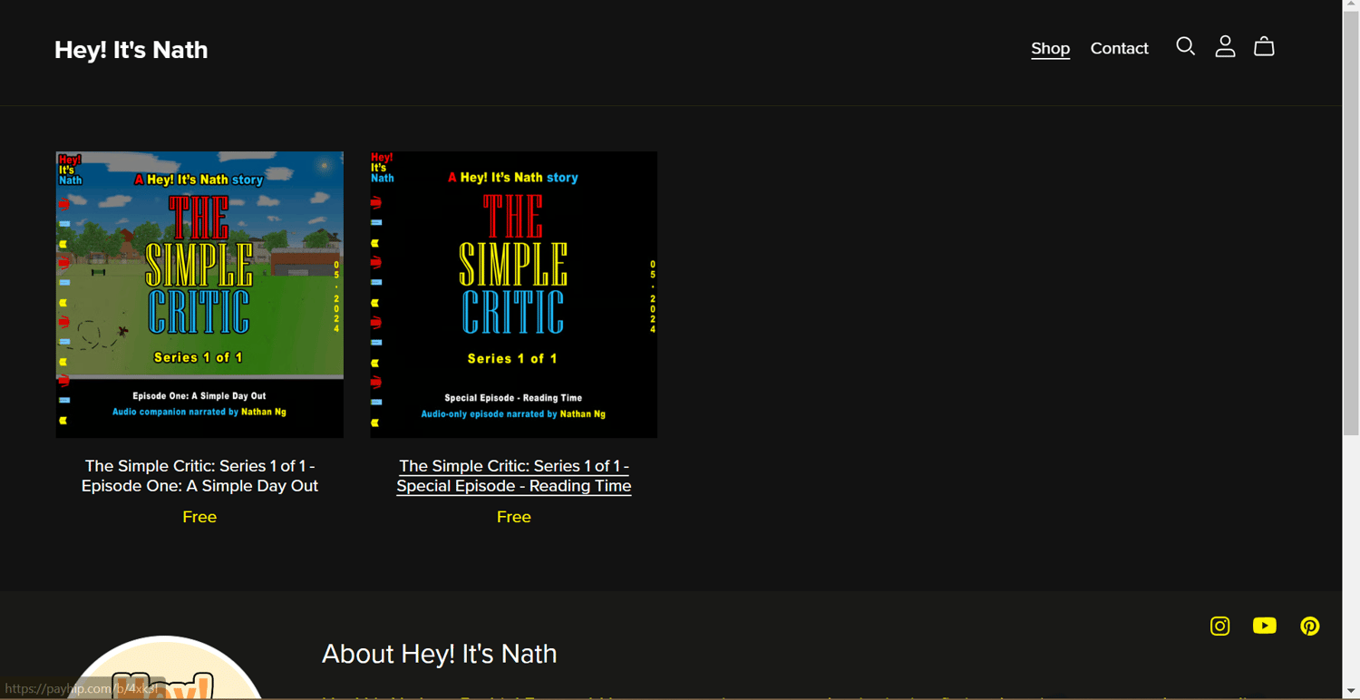 The Hey! It's Nath Payhip page, where people can download my latest creative project, The Simple Critic: Series 1 of 1, has been updated and has a darker, maybe easier-on-the-eyes colour scheme. I have not viewed the Payhip page on mobile yet, but I might