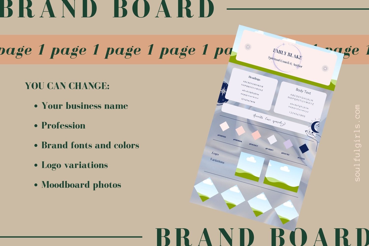 You can change your business name, profession, brand fonts and colors, logo variations, and moodboard photos.