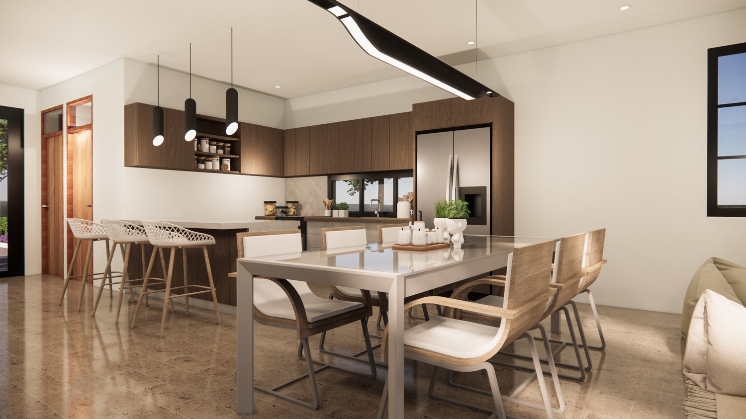 Open-plan living    The heart of the home is its open-plan living space. A spacious kitchen, complete with a breakfast island table seating up to four, forms the nucleus of this area. Adjacent to it, a dining area can accommodate up to eight people, depending on the chosen configuration. At the far end of the living space, a cozy lounge area invites relaxation.On the other hand, the bedroom wing is dedicated to more private functions, featuring separate bedrooms for boys and girls, a luxurious master ensuite with a walk-in wardrobe, and a versatile rumpus room.       Smart Furnishing Solutions   Furnishing a shipping container home presents unique challenges. The solution lies in multifunctional, transforming furniture. These space-saving essentials can change from one use to another, allowing a single space to perform multiple functions. For instance, a coffee table that converts into a dining table or a sofa that transforms into a bed.  The interior design philosophy complements the industrial aesthetic of the containers. A minimalist approach uses clean lines and uncluttered spaces to make the narrow areas feel more expansive. Consistency in materials further enhances this effect, making the house appear larger than its physical dimensions.