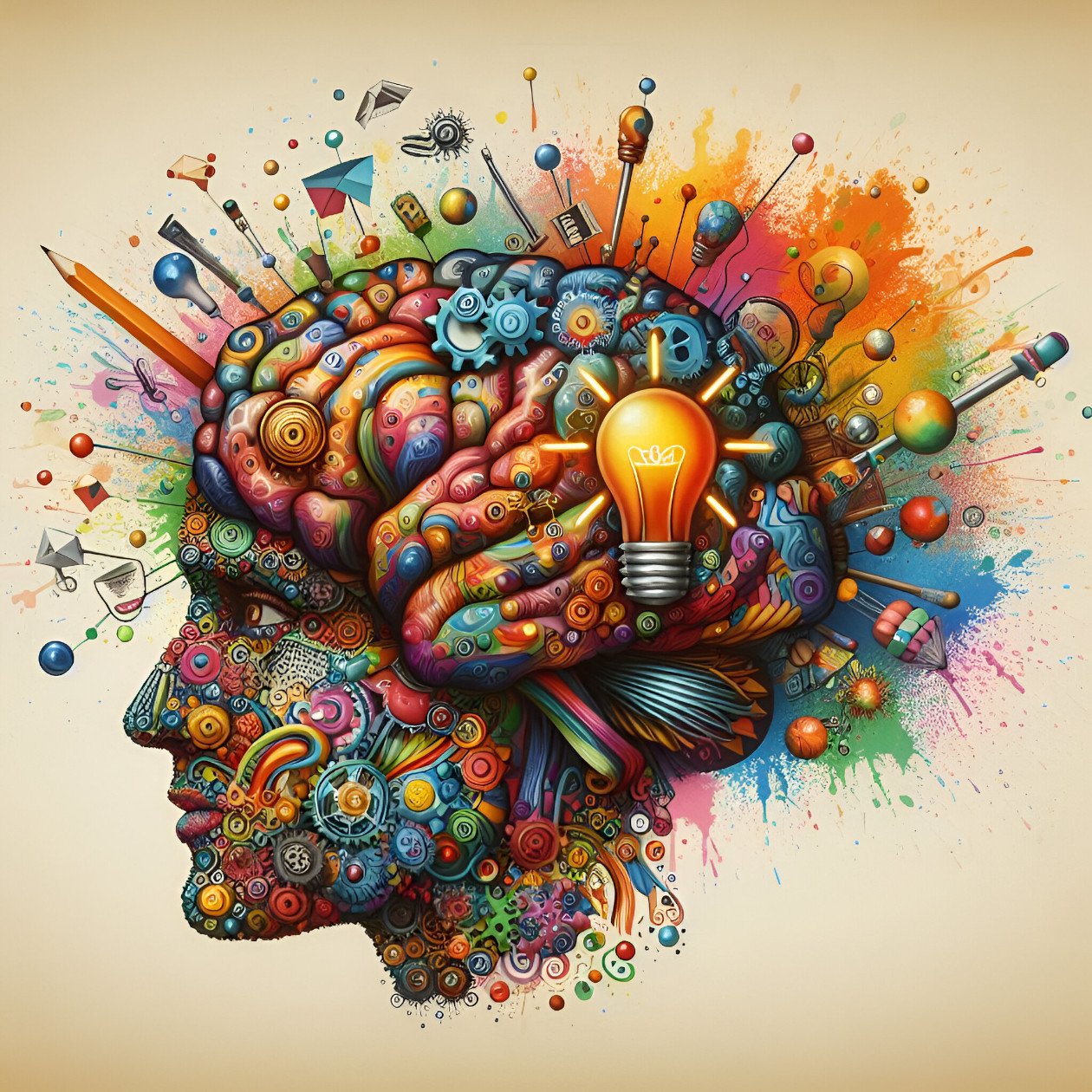 Vibrant colourful image of a human brain exploding with artistic ideas