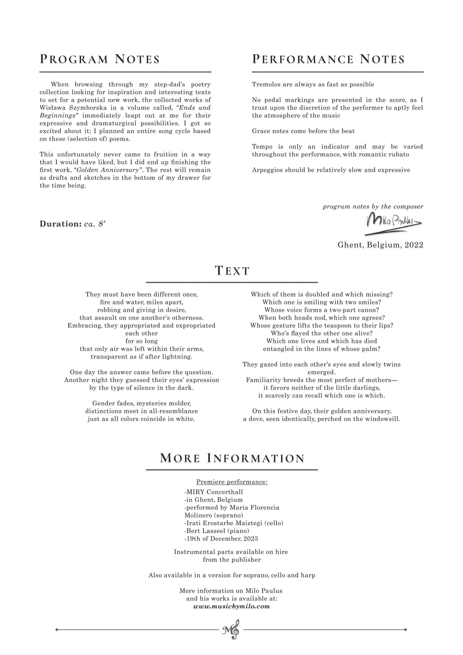 program notes Milo Paulus | Shop: Golden Anniversary (2023)